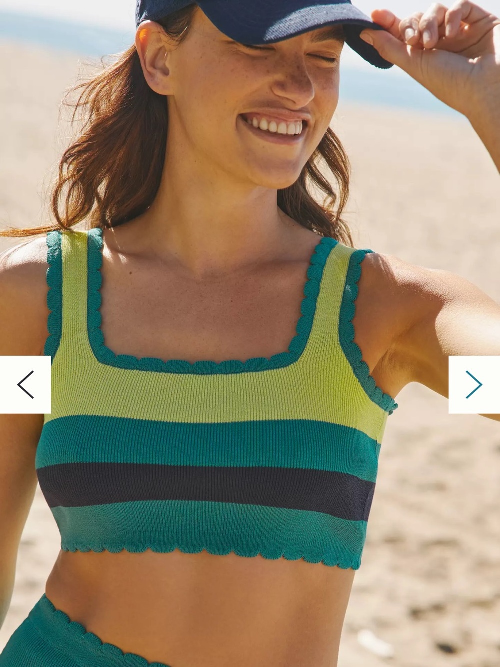 Anthropologie Lime Green & Teal Striped Scallop-Trim Crop Tank